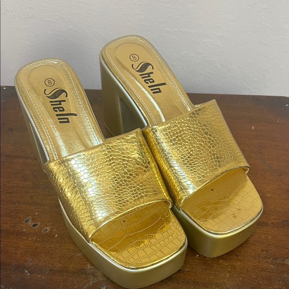 SHEIN Metallic Gold Platform Slides